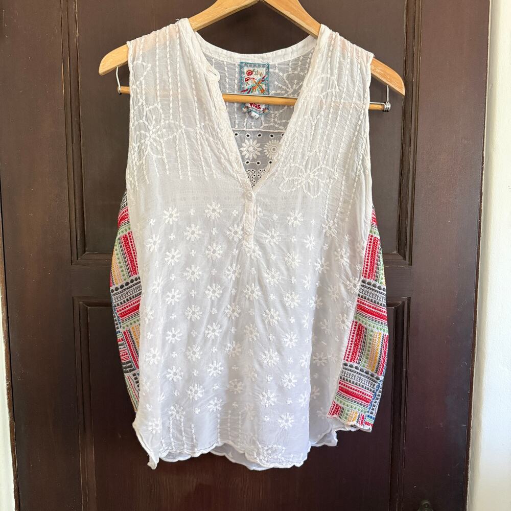JOHNNY WAS | White Embroidered Malin Tank All-over embroidery & eyelets | Small